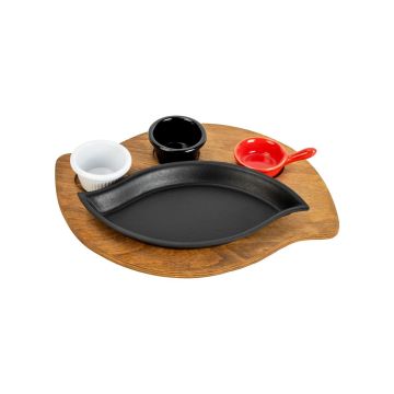 Lava Döküm Dikdörtgen Servis Tabağı ve Ahşap altlığı. Ölçü 15x26cm.
