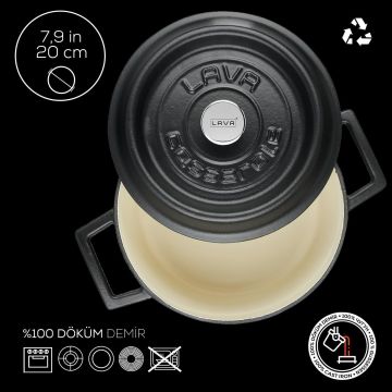 Lava Döküm Yuvarlak Tencere Döküm Demir Yekpare Kulplu Edition Serisi Çap(Ø)20cm. Siyah