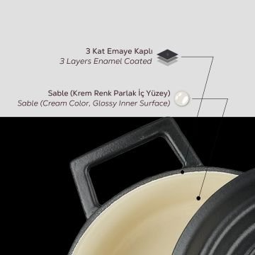 Lava Döküm Yuvarlak Tencere Döküm Demir Yekpare Kulplu Edition Serisi Çap(Ø)20cm. Siyah