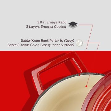 Lava Döküm Yuvarlak Tencere Döküm Demir Yekpare Kulplu Edition Serisi Çap(Ø)20cm. Kırmızı