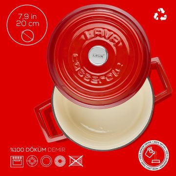 Lava Döküm Yuvarlak Tencere Döküm Demir Yekpare Kulplu Edition Serisi Çap(Ø)20cm. Kırmızı