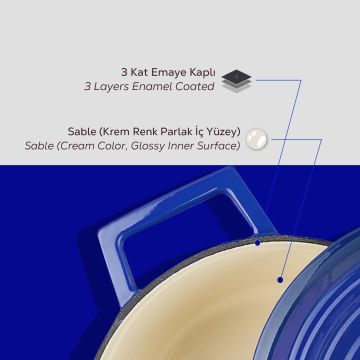 Lava Döküm Yuvarlak Tencere Döküm Demir Yekpare Kulplu Edition Serisi Çap(Ø)20cm. Mavi