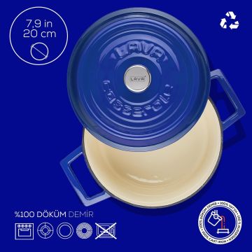 Lava Döküm Yuvarlak Tencere Döküm Demir Yekpare Kulplu Edition Serisi Çap(Ø)20cm. Mavi