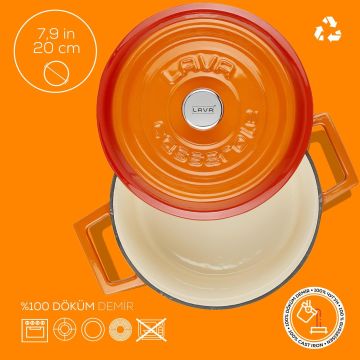 Lava Döküm Yuvarlak Tencere Döküm Demir Yekpare Kulplu Edition Serisi Çap(Ø)20cm. Turuncu