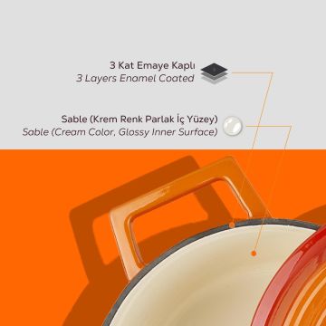 Lava Döküm Yuvarlak Tencere Döküm Demir Yekpare Kulplu Edition Serisi Çap(Ø)20cm. Turuncu