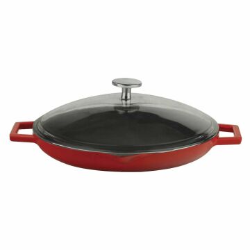Lava Döküm Yuvarlak Kızartma Tavası Cam Kapaklı Döküm Demir Yekpare Çift Kulplu Çap(Ø)30cm.