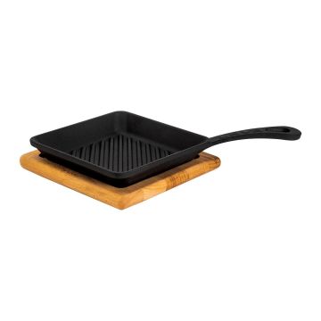 Lava Döküm Mini Kare Izgara Tava Kayın Ahşap Altlıklı Döküm Demir Yekpare Saplı Ölçü 16x16cm.