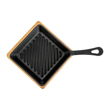 Lava Döküm Mini Kare Izgara Tava Kayın Ahşap Altlıklı Döküm Demir Yekpare Saplı Ölçü 16x16cm.