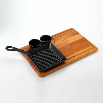 Lava Döküm Mini Kare Izgara Tava Kayın Ahşap Altlıklı Döküm Demir Yekpare Saplı Ölçü 16x16cm. (Sos kapları dahil değildir)