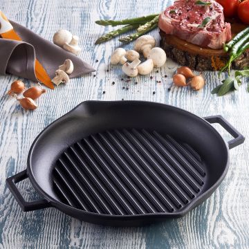Lava Döküm Yuvarlak Izgara Tavası Döküm Demir Yekpare Çift Kulplu Çap(Ø)26cm.