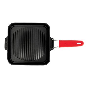 Lava Döküm Kare Sığ Izgara Tavası Line Serisi Silikon Tel Saplı Ölçü 24x24cm.