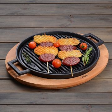 Lava Döküm Yuvarlak Çift Yön Izgara Tavası Kayın Servis Ahşabı Döküm Demir Yekpare Çift Kulplu Çap(Ø)28cm.
