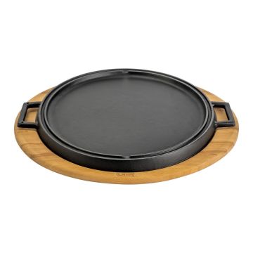 Lava Döküm Yuvarlak Çift Yön Izgara Tavası Kayın Servis Ahşabı Döküm Demir Yekpare Çift Kulplu Çap(Ø)28cm.