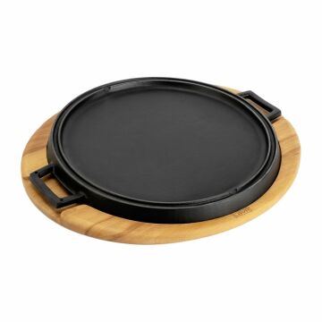 Lava Döküm Yuvarlak Çift Yön Izgara Tavası Kayın Servis Ahşabı Döküm Demir Yekpare Çift Kulplu Çap(Ø)34cm.
