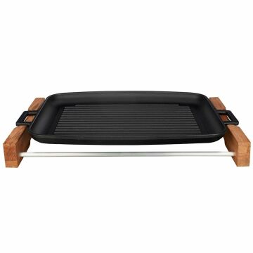 Lava Döküm Dikdörtgen Izgara Tepsi Kayın Servis Ahşabı Döküm Demir Yekpare Çift Kulplu Ölçü 31x42cm.