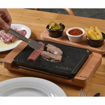 Lava Döküm Dikdörtgen Izgara Hot Plate Paslanmaz Çelik Metal Tabla ve Kayın Servis Ahşabı Ölçü 22x16cm.