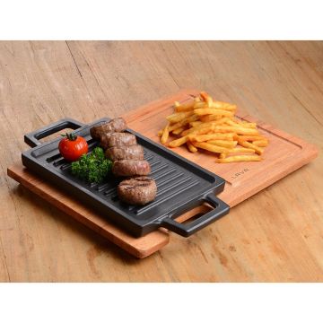 Lava Döküm Dikdörtgen Çift Yön Izgara ve Düz Yüzey Hot Plate Kayın Servis Ahşabı Ölçü 22x15cm.