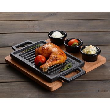 Lava Döküm Dikdörtgen Çift Yön Izgara ve Düz Yüzey Hot Plate Kayın Servis Ahşabı Ölçü 22x15cm. (Sos kapları dahil değildir.)