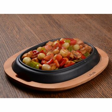 Lava Döküm Oval Fajita Tabağı Kayın Servis Ahşabı Ölçü 12x19cm.