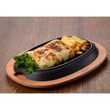 Lava Döküm Oval Fajita Tabağı Kayın Servis Ahşabı Ölçü 26x19cm.