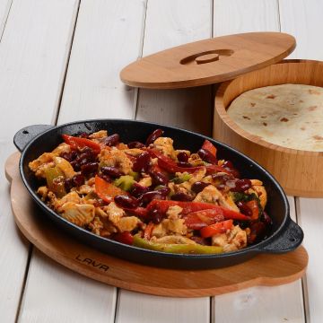 Lava Döküm Oval Fajita Tabağı Döküm Demir Yekpare Çift Kulplu Kayın Servis Ahşabı Ölçü 18x24cm.