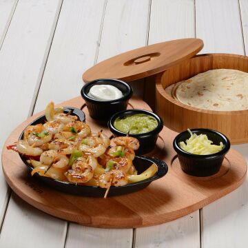 Lava Döküm Böbrek Formlu Fajita Tabağı Kayın Servis Ahşabı Ölçü 10x20cm. (Sos Kapları Dahil Değildir.)