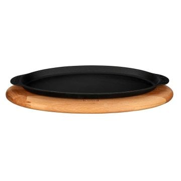 Lava Döküm Balık Tabağı Döküm Demir Yekpare Kulplu Kayın Servis Ahşabı 15x29cm.