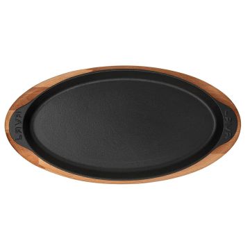 Lava Döküm Balık Tabağı Döküm Demir Yekpare Kulplu Kayın Servis Ahşabı 15x29cm.
