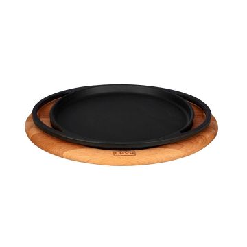 Lava Döküm Yuvarlak Pizza Krep Pankek Tavası Döküm Demir Yekpare Çift Kulplu Kayın Servis Ahşabı Çap(Ø)20cm.
