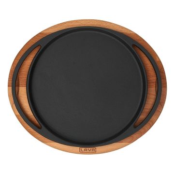 Lava Döküm Yuvarlak Pizza Krep Pankek Tavası Döküm Demir Yekpare Çift Kulplu Kayın Servis Ahşabı Çap(Ø)20cm.
