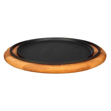 Lava Döküm Yuvarlak Pizza Krep Pankek Tavası Döküm Demir Yekpare Çift Kulplu Kayın Servis Ahşabı Çap(Ø)28cm.