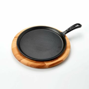 Lava Döküm Yuvarlak Pizza Krep Pankek Tavası Döküm Demir Yekpare Saplı Kayın Servis Ahşabı Çap(Ø)20cm.
