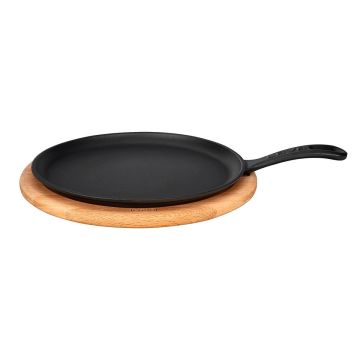 Lava Döküm Yuvarlak Pizza Krep Pankek Tavası Döküm Demir Yekpare Saplı Kayın Servis Ahşabı Çap(Ø)26cm.