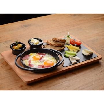 Lava Döküm Yuvarlak Sahan Döküm Demir Yekpare Çift Kulplu Kayın Servis Ahşabı Çap(Ø)12cm. (Sos Kapları Dahil Değildir.)