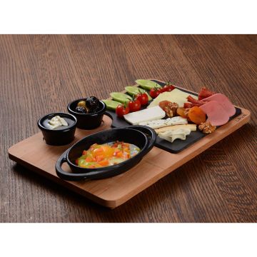 Lava Döküm Oval Sahan Döküm Demir Yekpare Çift Kulplu Kayın Servis Ahşabı Ölçü 15x10cm. (Sos kapları dahil değildir.)