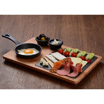 Lava Döküm Yuvarlak Kızartma Tavası Yekpare Saplı Kayın Ahşap ve Döküm Demir Servis Plakası. Çap(Ø)12cm. (Bu ürüne sos kapları dahil değildir)