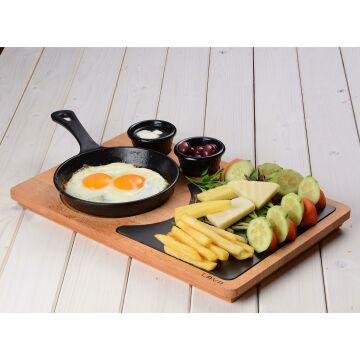 Lava Döküm Yuvarlak Kızartma Tavası Yekpare Saplı Kayın Servis Ahşabı. Çap(Ø)16cm. (Sos kapları dahil değildir)