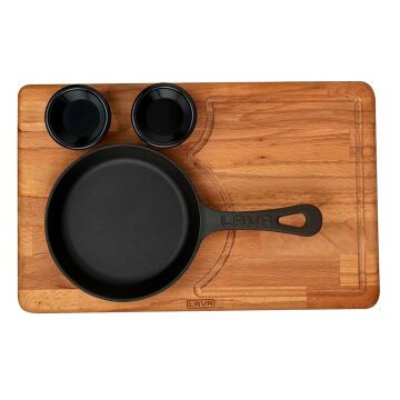 Lava Döküm Yuvarlak Kızartma Tavası Yekpare Saplı Kayın Servis Ahşabı. Çap(Ø)16cm. (Sos kapları dahil değildir)