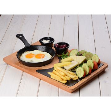 Lava Döküm Yuvarlak Kızartma Tavası Yekpare Saplı Kayın Servis Ahşabı ve Döküm Demir Plakası. Çap(Ø)16cm. (Sos kapları dahil değildir)