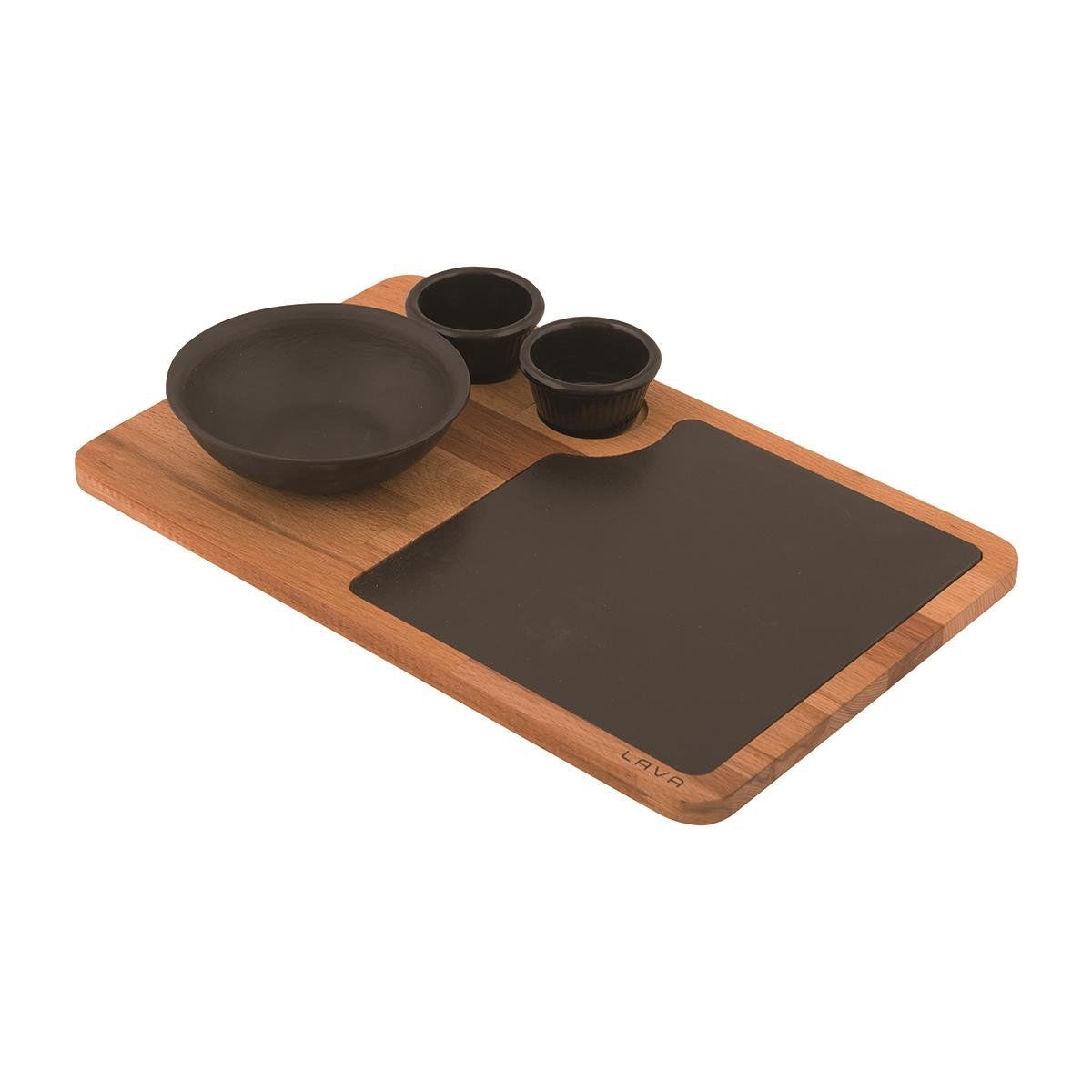 Lava Döküm Yuvarlak Çorba Kasesi Kayın Servis Ahşabı ve Döküm Demir Servis Plakası Çap(Ø)14cm. (Sos kapları dahil değildir.)