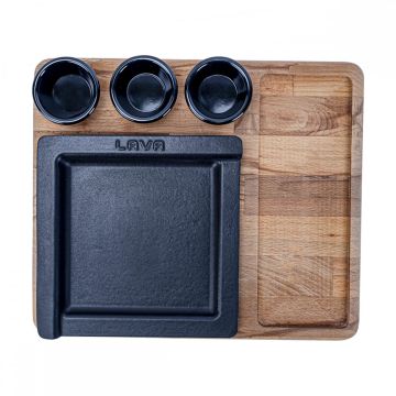 Lava Döküm Kare Servis Tabağı ve Kayın Servis Ahşabı Ölçü: 22x22cm. (Sos kapları dahil değildir.)