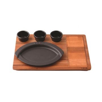Lava Döküm Oval Servis Tabağı ve Kayın Servis Ahşabı Ölçü: 18x25cm. (Sos kapları dahil değildir.)
