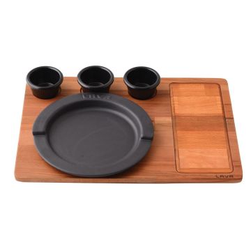 Lava Döküm Yuvarlak Servis Tabağı ve Kayın Servis Ahşap Altlığı. Çap(Ø)22cm. (Sos kapları dahil değildir.)