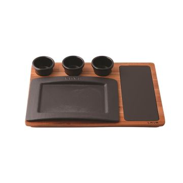 Lava Döküm Dikdörtgen Servis Tabağı Kayın Servis Ahşabı ve Döküm Demir Plaka Ölçü 18x27cm. (Sos kapları dahil değildir.)